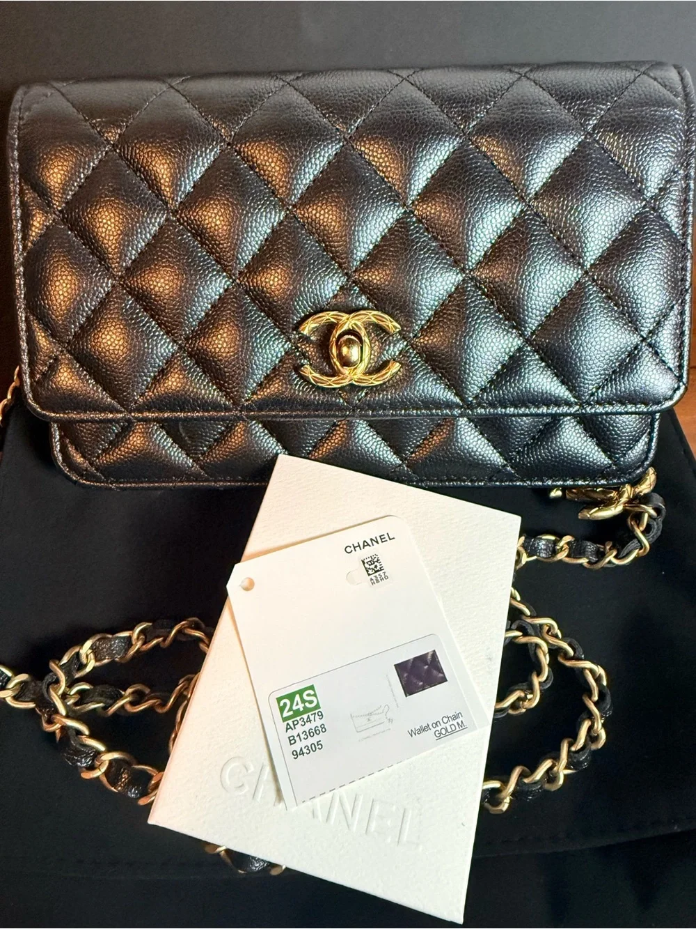 CHANEL Black Quilted Wallet with Gold CC Turn-Lock